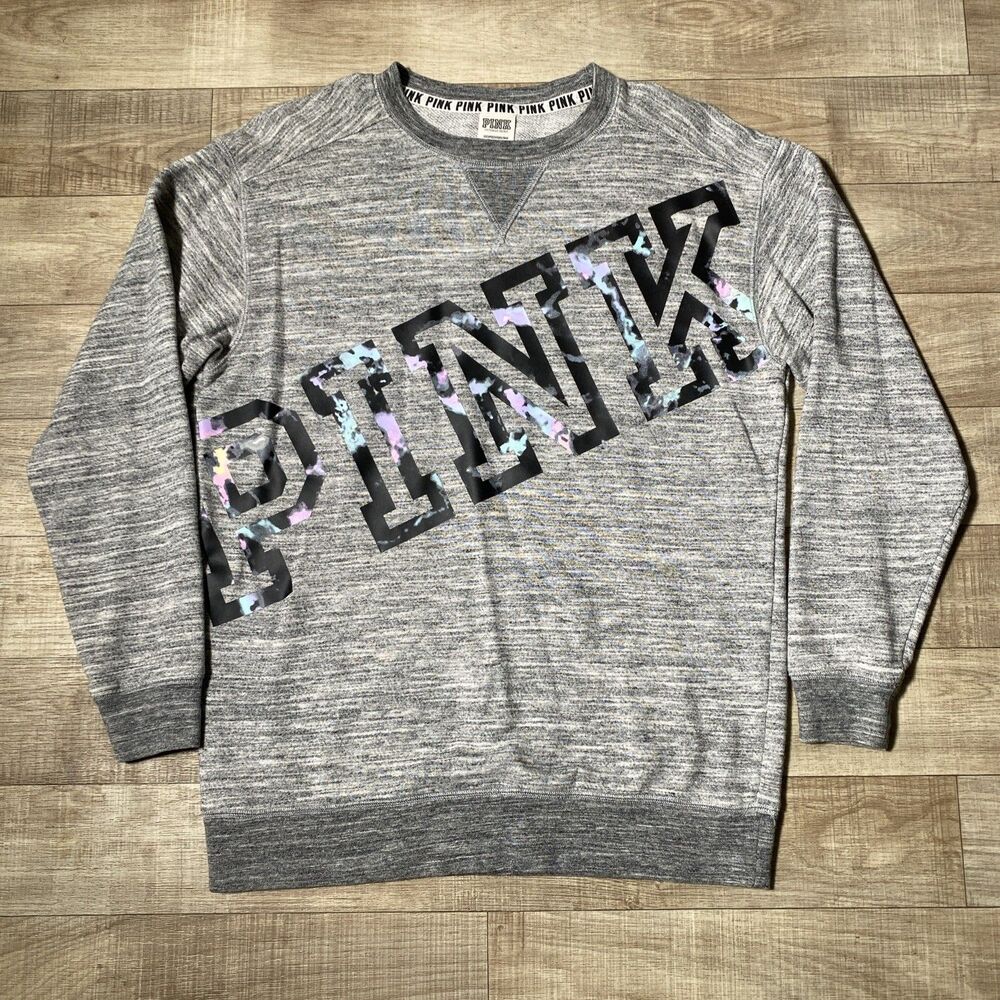 Womens Pink Graphic Logo Sweater Victoria Secret Gray Size XS